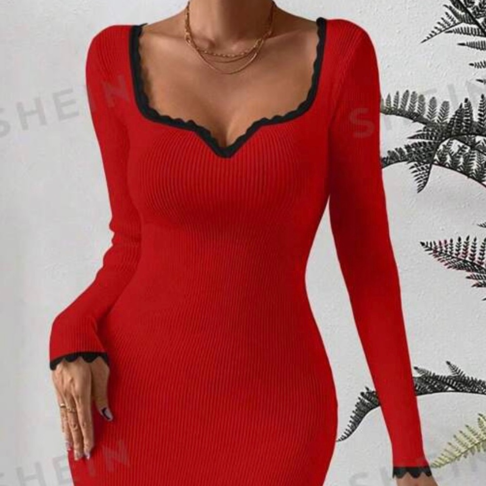 Red Sweater Bodycon Dress Black Scallop Trim